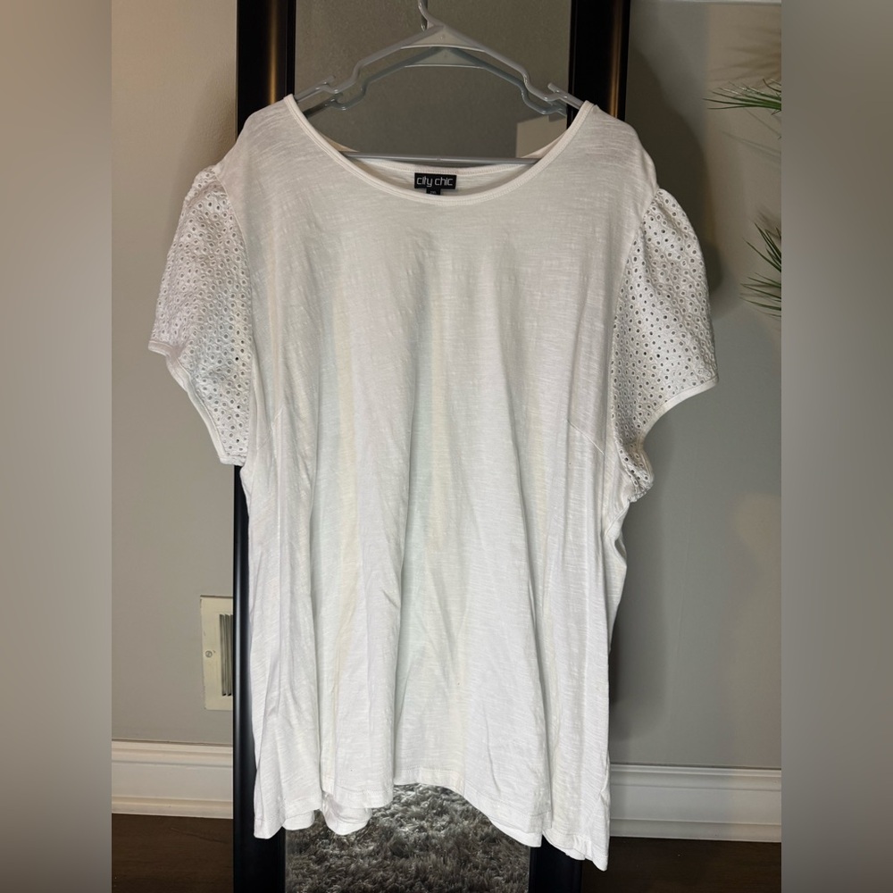 City Chic White Short Sleeve Top with Eyelet Detail XXL